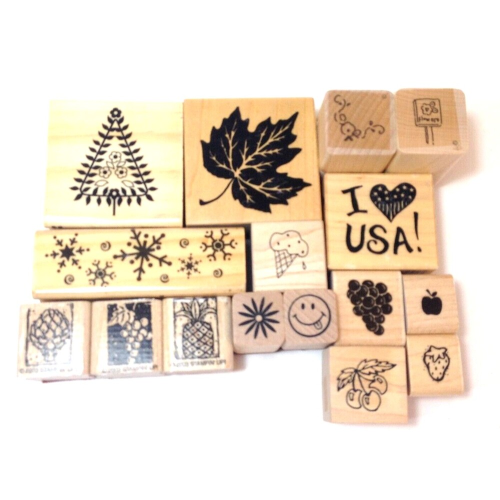 Lot of 16 Wood Mounted Rubber Stamps Assorted Stamping Crafts